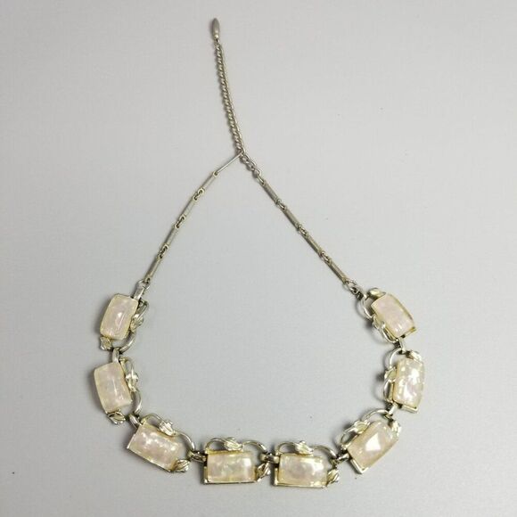 Vintage Cream Lucite Rectangle Cabochon Panel Collar Necklace, Silver Tone Chain - Picture 7 of 8